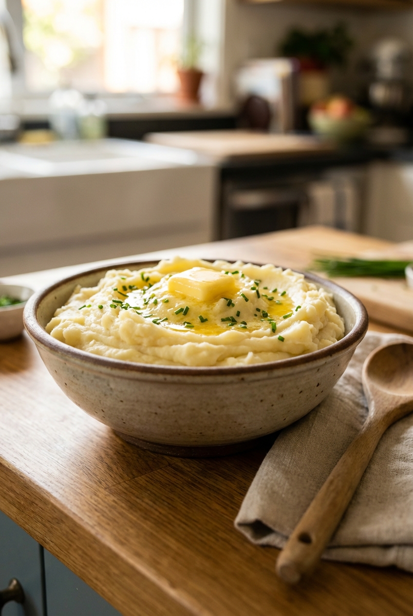 A real photograph of creamy mashed potatoes with butter melting on top in a bowl