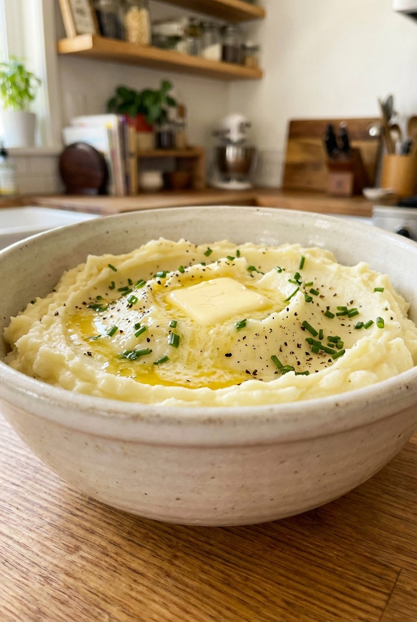 A real photograph of creamy mashed potatoes with butter melting on top in a bowl