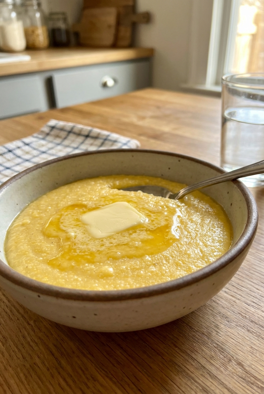 A real photograph of creamy polenta in a bowl with butter melting on top