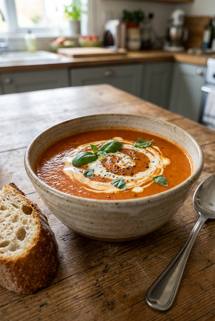 A real photograph of creamy tomato soup in a bowl with a swirl of cream