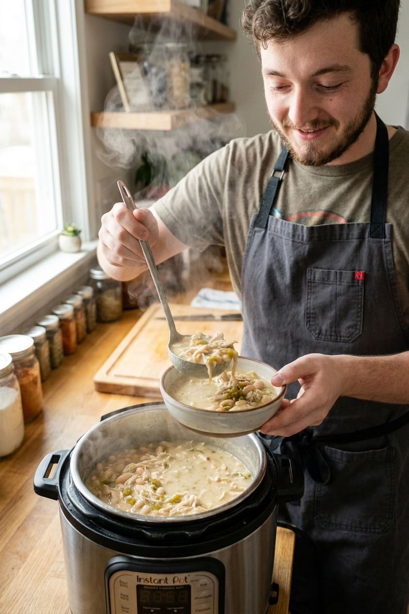 A real photograph of creamy white chicken chili being ladled from an Instant Pot into a bowl, with steam rising and shredded chicken visible
