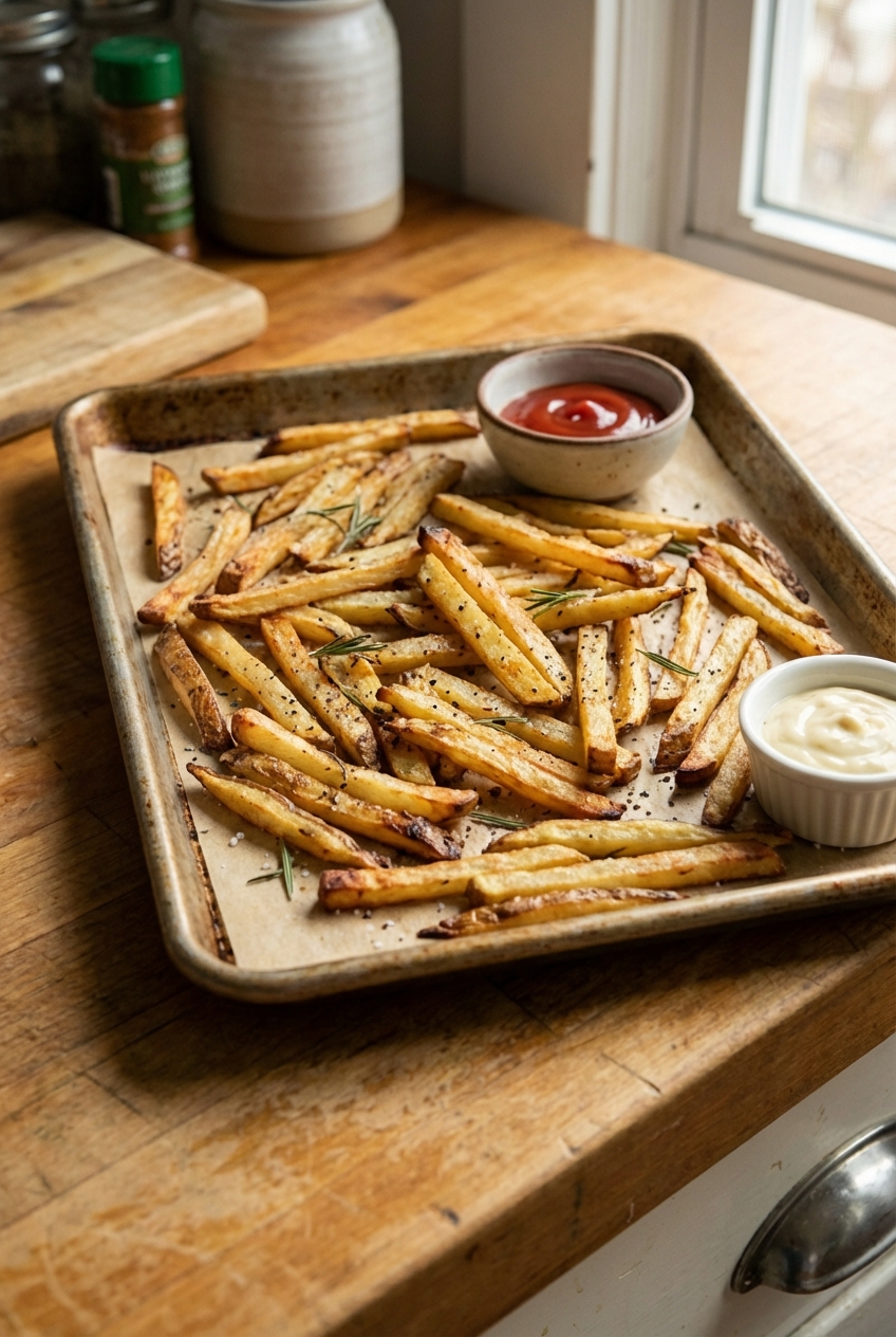 A real photograph of crisp oven baked French fries on a sheet pan