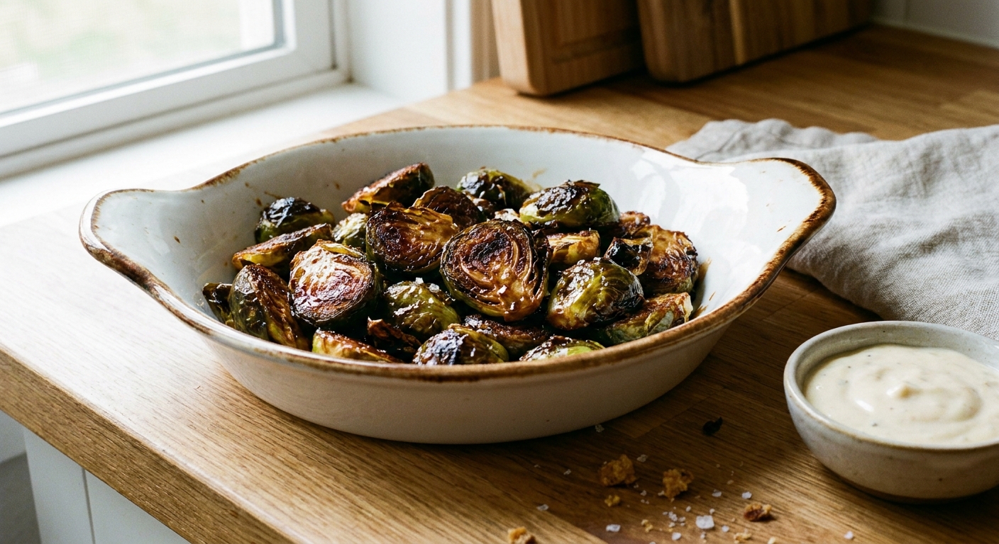 A real photograph of crispy air fryer Brussels sprouts in a white serving bowl with browned edges and a glossy finish, sitting on a kitchen counter with a small bowl of dipping sauce nearby