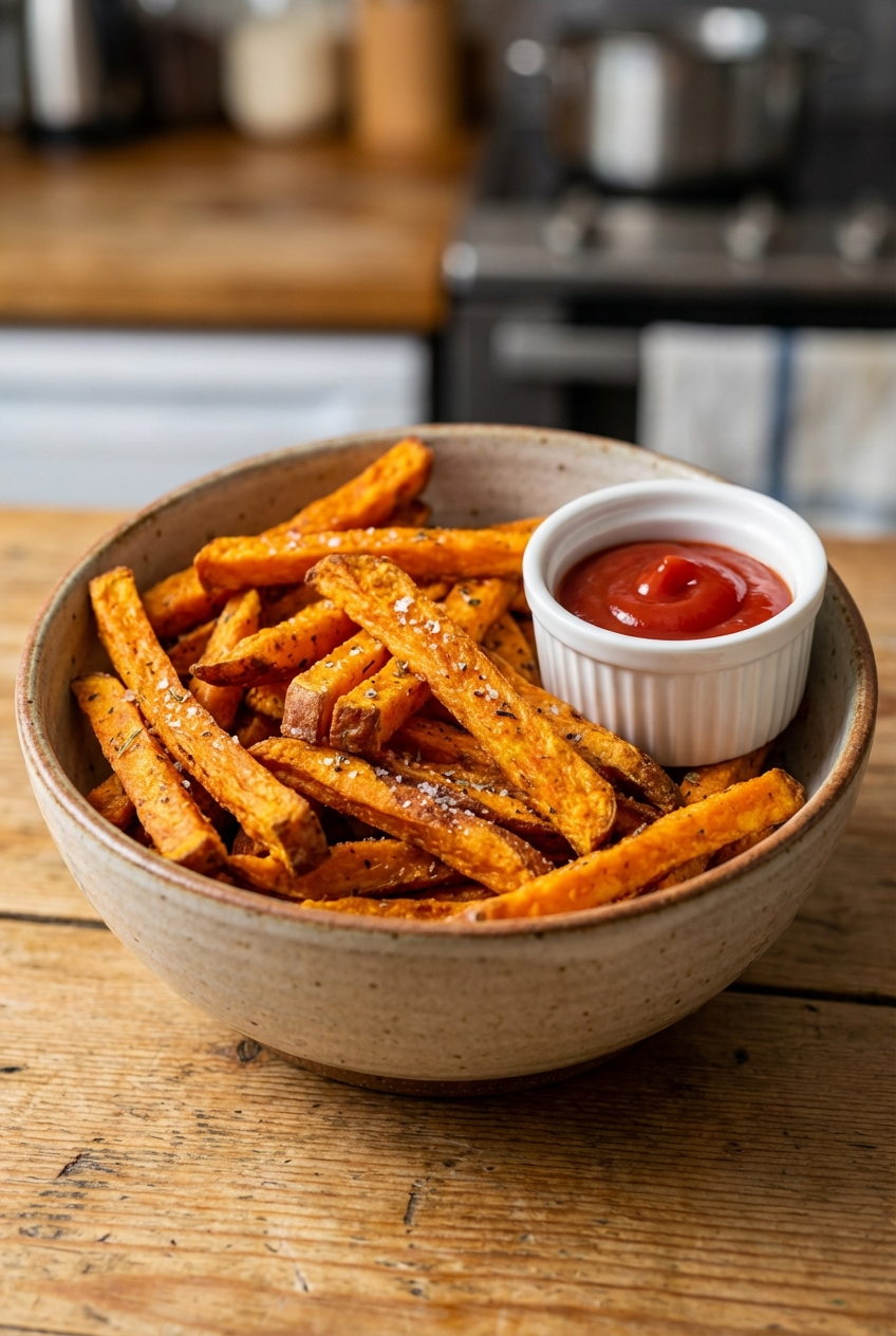 A real photograph of crispy baked sweet potato fries piled in a bowl with a small ramekin of ketchup