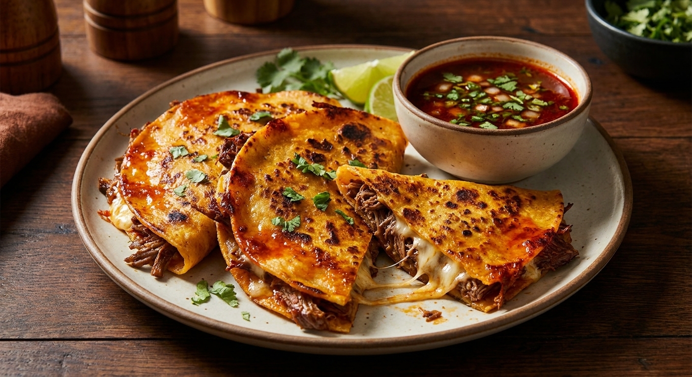 A real photograph of crispy birria quesadillas on a plate with a small bowl of deep red consomé for dipping, melted cheese stretching from a cut wedge, skillet-toasted corn tortillas with glossy reddish edges