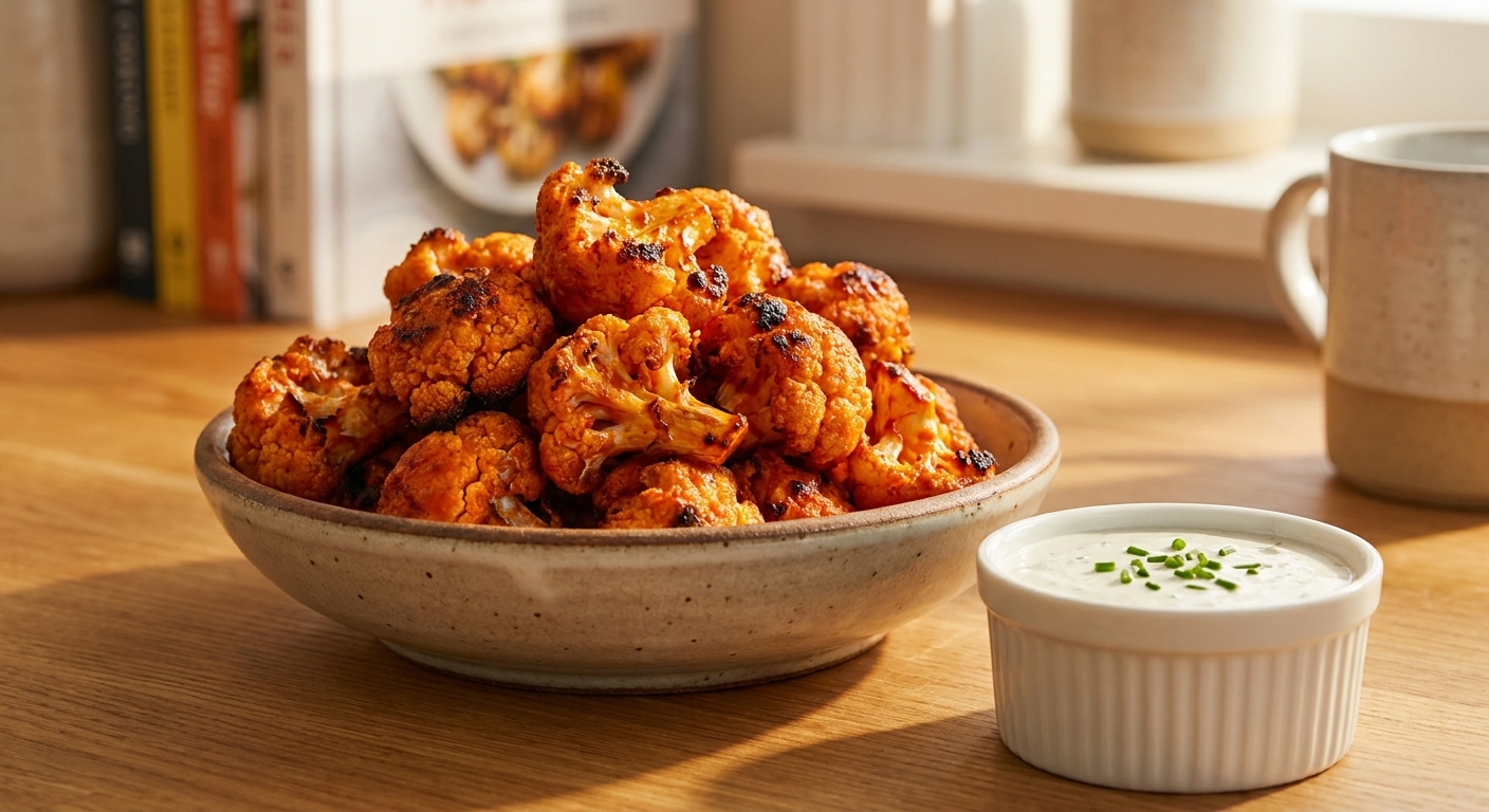 A real photograph of crispy buffalo cauliflower bites piled in a bowl with a small ramekin of ranch dip on the side, warm kitchen lighting, shallow depth of field