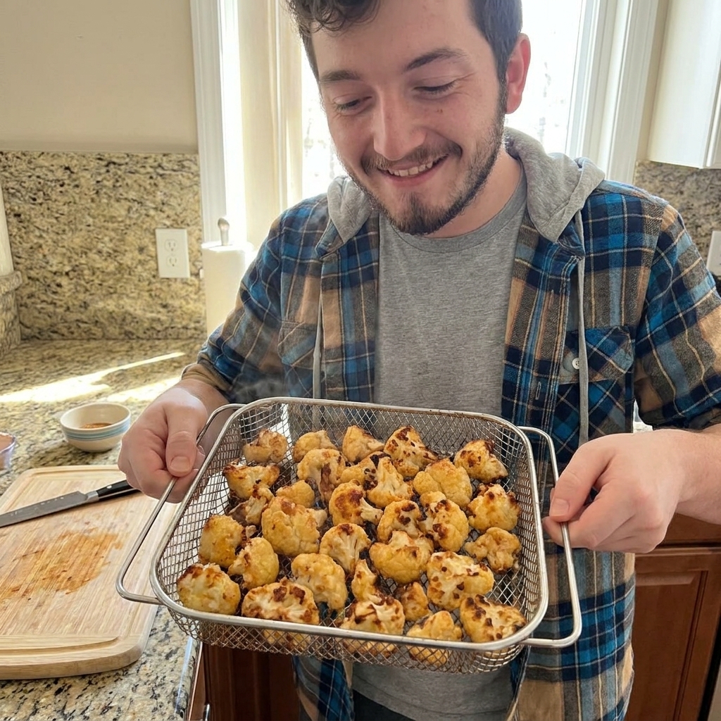 A real photograph of crispy cauliflower bites in an air fryer basket right after cooking, golden brown edges visible, kitchen counter in the background