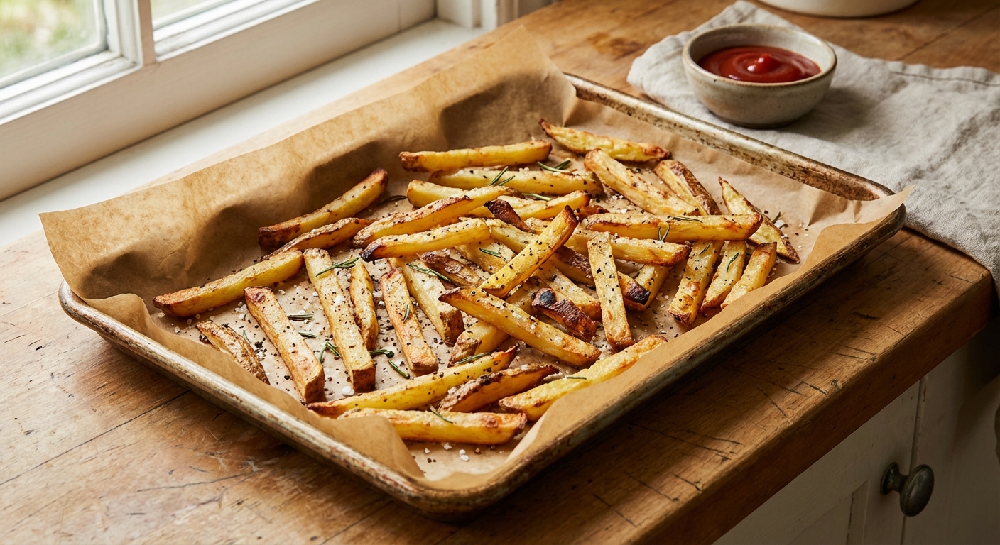 A real photograph of crispy golden oven fries in a parchment-lined tray