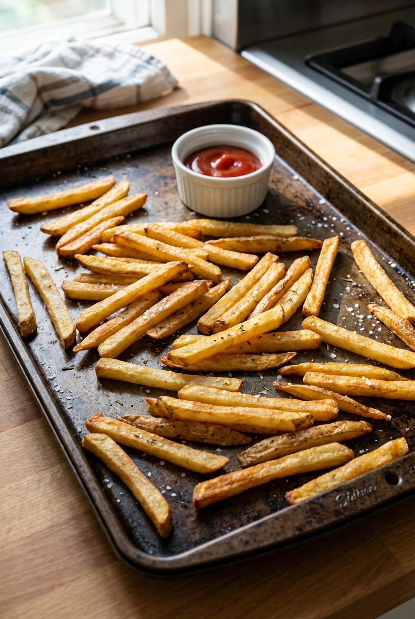 A real photograph of crispy oven-baked French fries on a sheet pan with a small bowl of ketchup