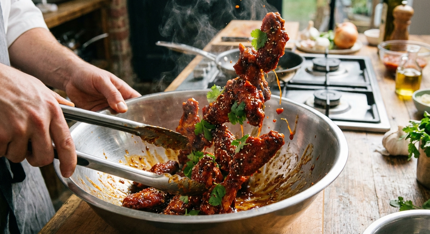 A real photograph of crispy sauced chicken wings being tossed in a mixing bowl with tongs