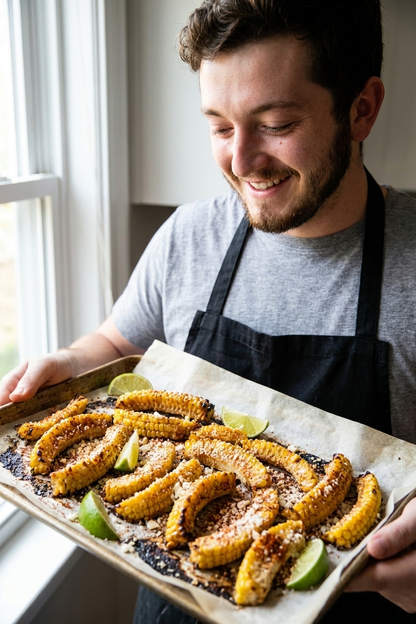 A real photograph of crispy sheet-pan corn ribs piled on a parchment-lined baking sheet with charred edges, sprinkled with cotija and chili powder, with lime wedges on the side in natural window light