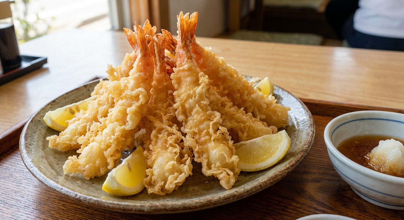 A real photograph of crispy shrimp tempura piled on a plate with lemon wedges