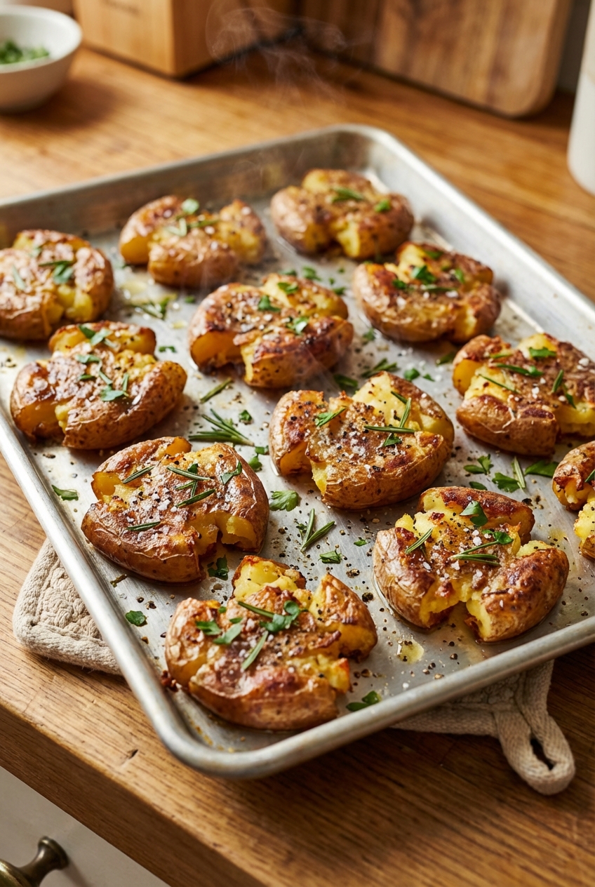 A real photograph of crispy smashed potatoes on a sheet pan with browned, crunchy edges fresh out of the oven