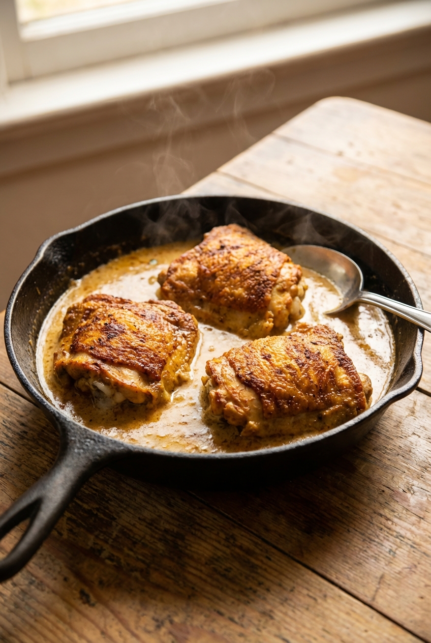 A real photograph of crispy spiced chicken thighs in a skillet with a creamy sauce, with a spoon resting on the edge of the pan