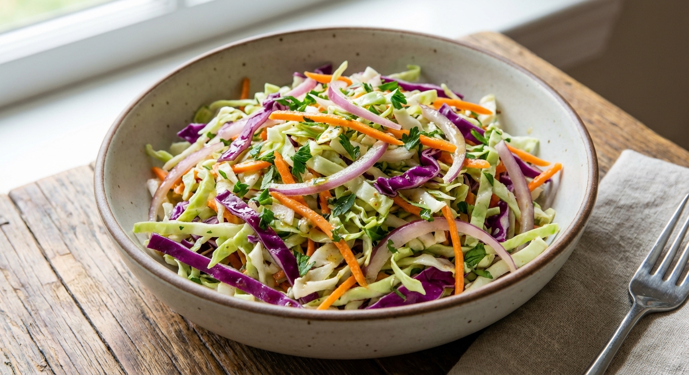 A real photograph of crunchy cabbage slaw in a bowl with a light vinaigrette sheen