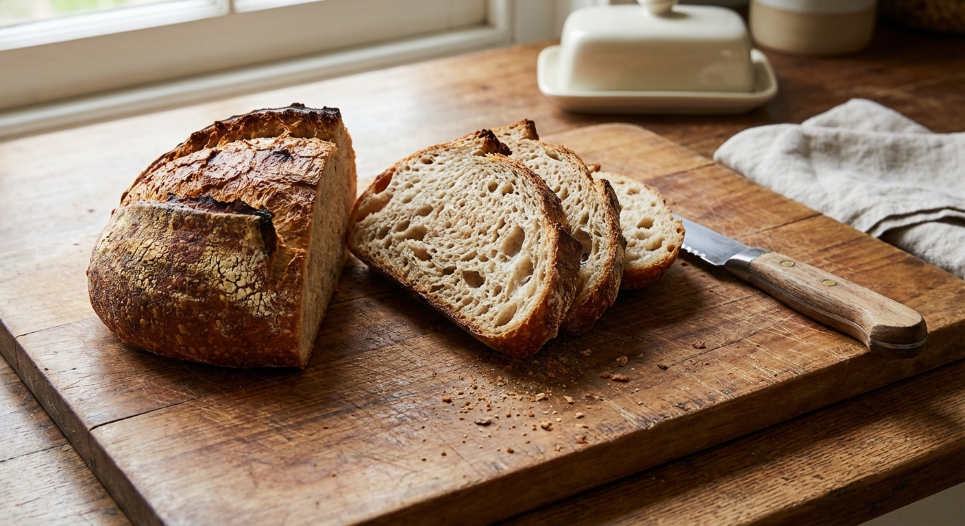 A real photograph of crusty bread slices on a wooden cutting board
