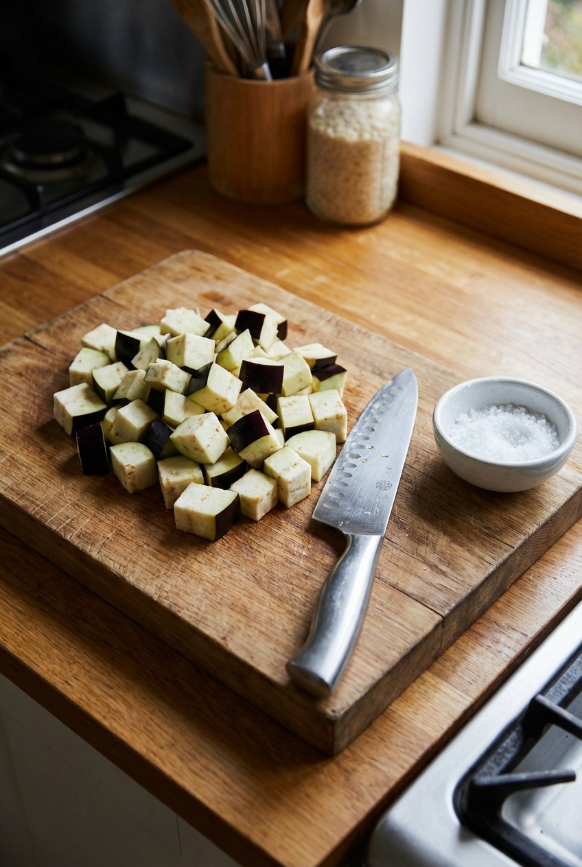 A real photograph of cubed brinjal on a cutting board with a knife and a small bowl of salt nearby