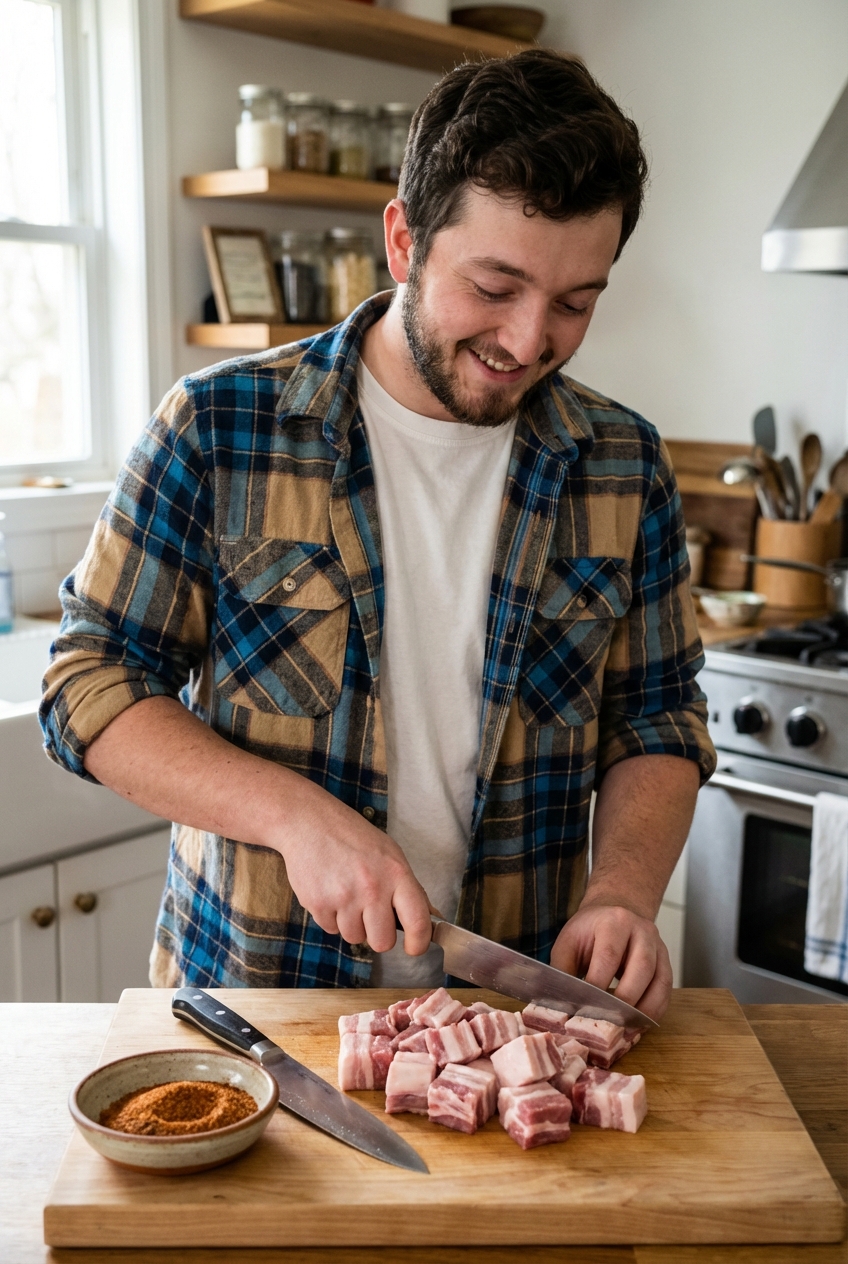 A real photograph of cubed pork belly on a cutting board with a small bowl of spice rub and a knife beside it