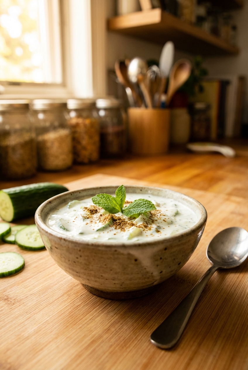 A real photograph of cucumber raita in a small bowl with mint on top