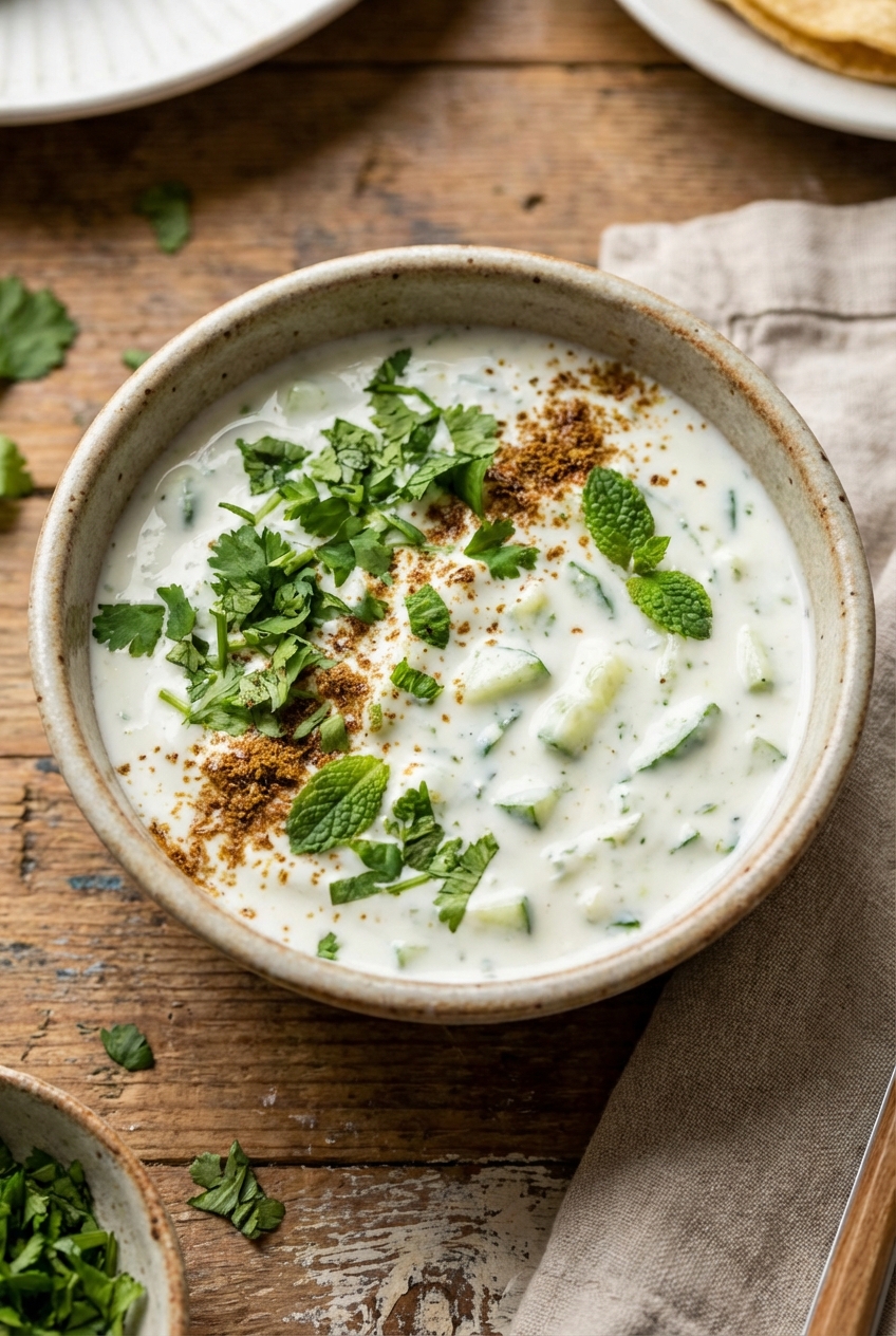 A real photograph of cucumber raita in a small bowl with chopped herbs on top