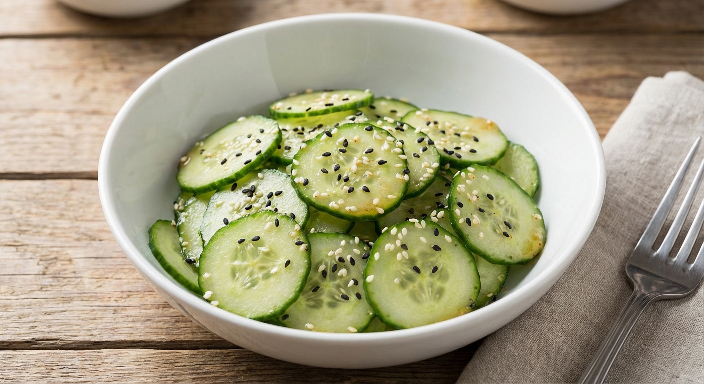 A real photograph of cucumber salad with sesame seeds in a white bowl
