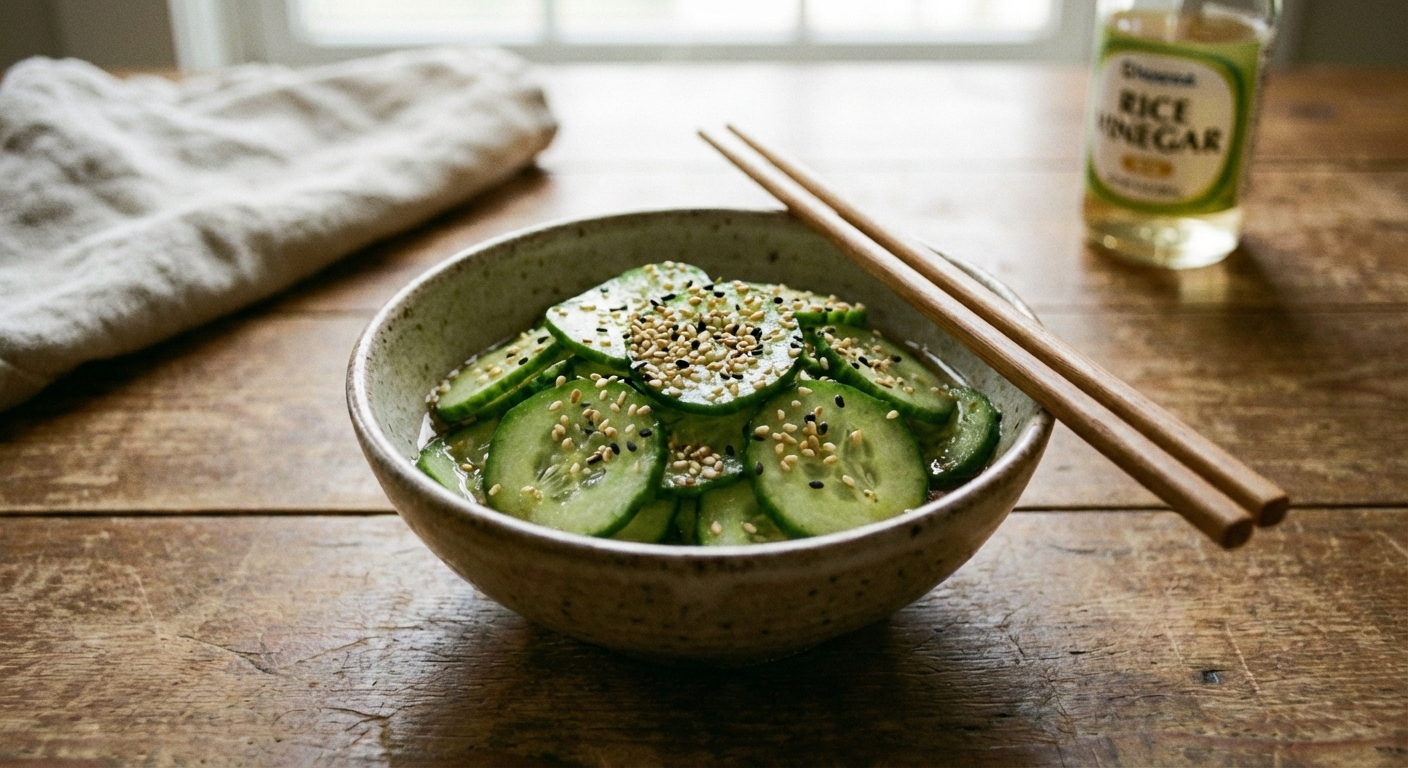 A real photograph of cucumber salad with sesame seeds and rice vinegar dressing in a small bowl