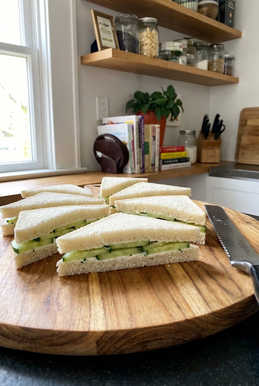 A real photograph of cucumber sandwiches cut into triangles on a cutting board with a serrated knife nearby