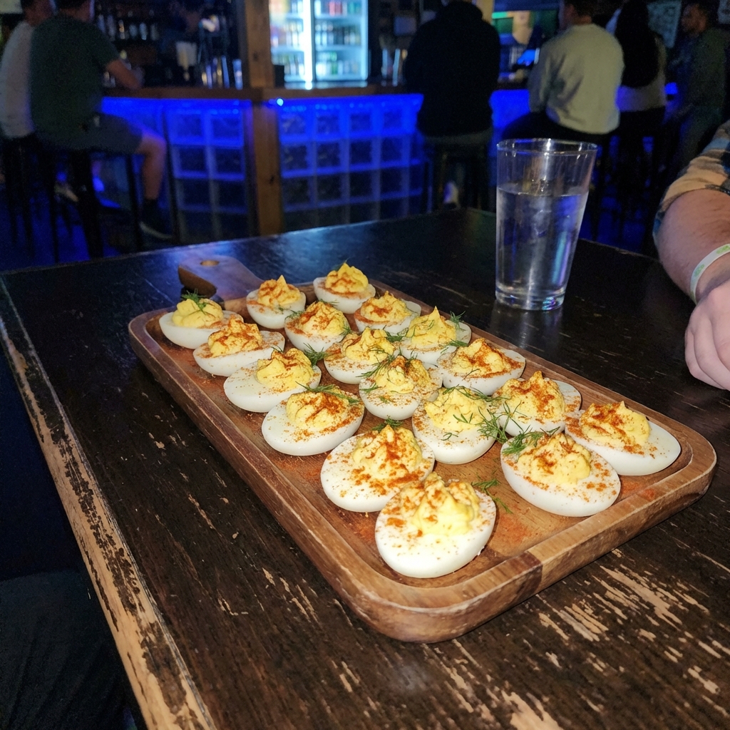 A real photograph of deviled eggs on a serving tray with paprika