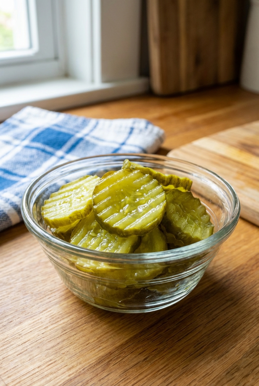 A real photograph of dill pickle chips in a small glass bowl