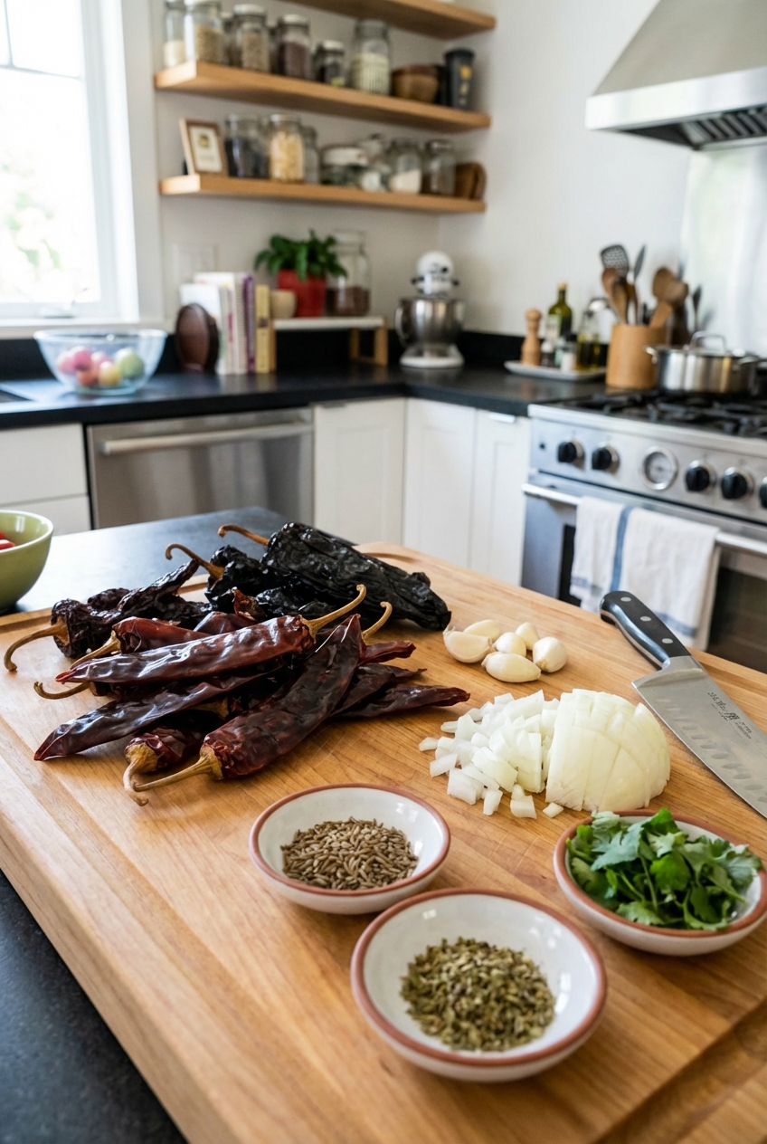A real photograph of dried guajillo and ancho chiles on a cutting board with garlic, onion, and spices nearby