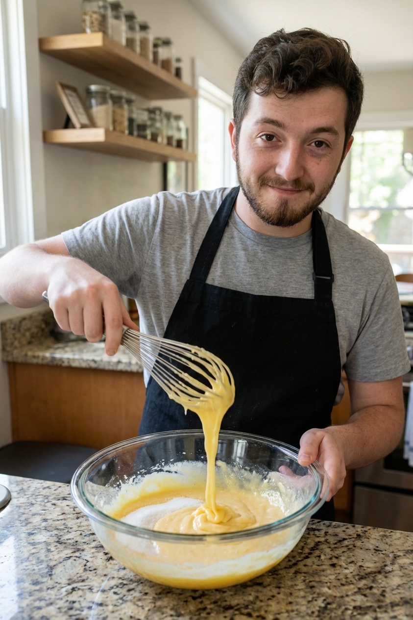A real photograph of egg yolks and sugar being whisked in a glass bowl until pale and thick on a kitchen counter