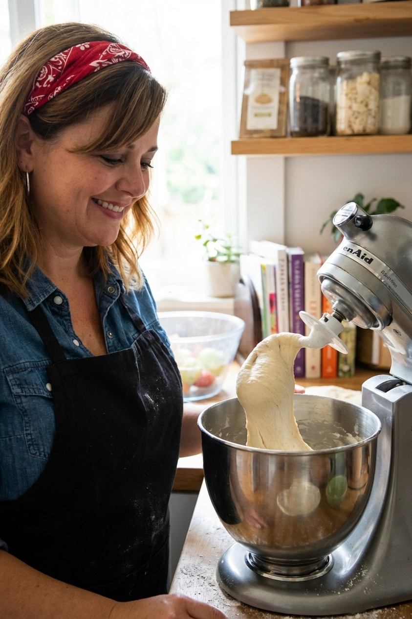 A real photograph of enriched sourdough dough being mixed in a stand mixer bowl with a dough hook, smooth dough pulling away from the sides, natural kitchen lighting