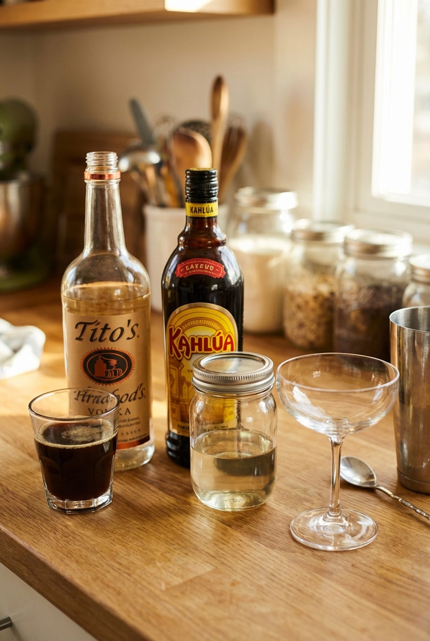 A real photograph of espresso martini ingredients on a counter including a small glass of espresso, vodka bottle, coffee liqueur, a jar of syrup, and a coupe glass