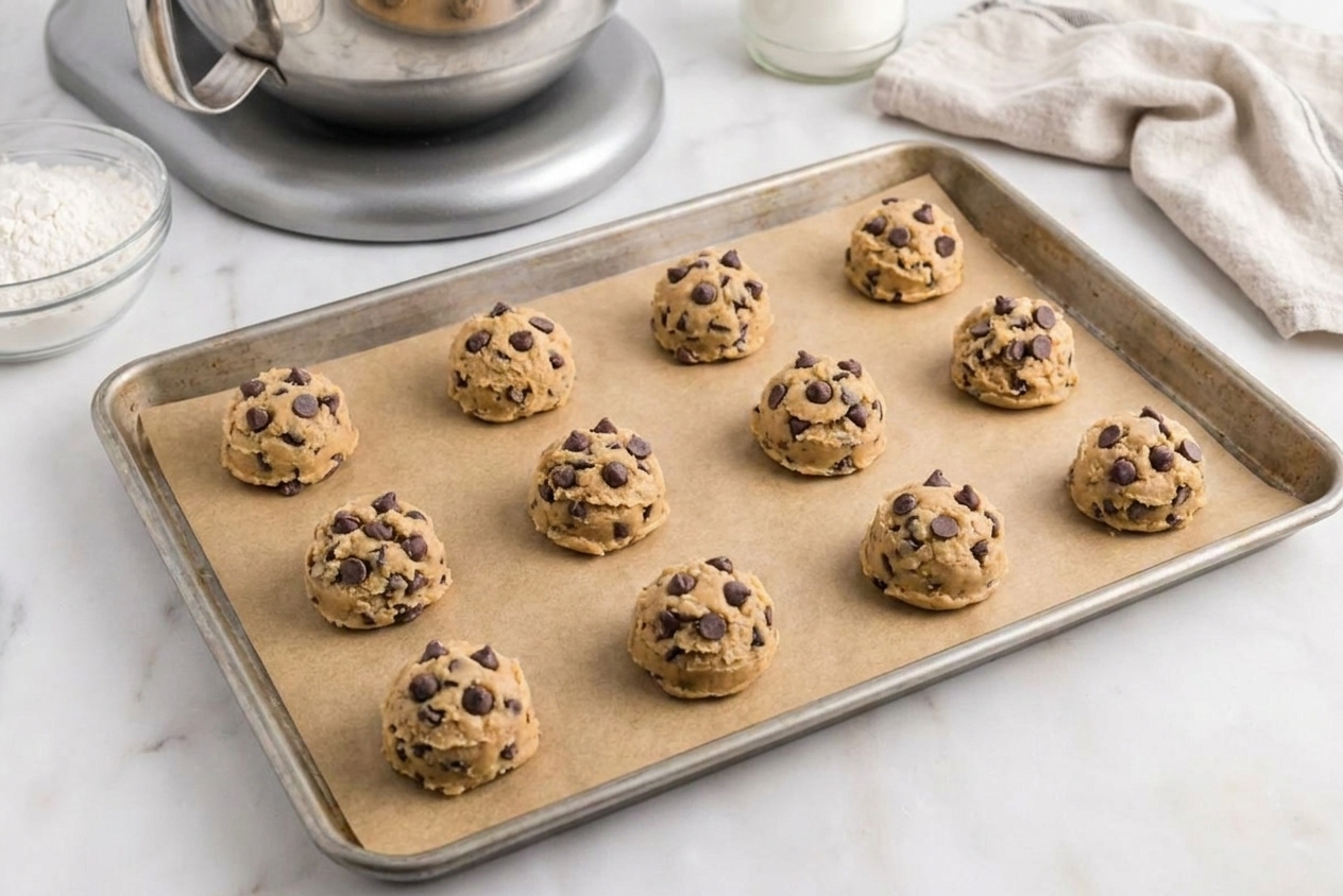 A real photograph of evenly spaced scoops of chocolate chip cookie dough on a parchment-lined baking sheet on a kitchen counter