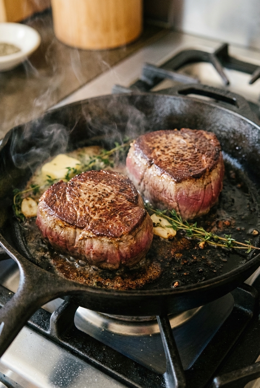 A real photograph of filet mignon steaks searing in a cast iron skillet with browned crust forming