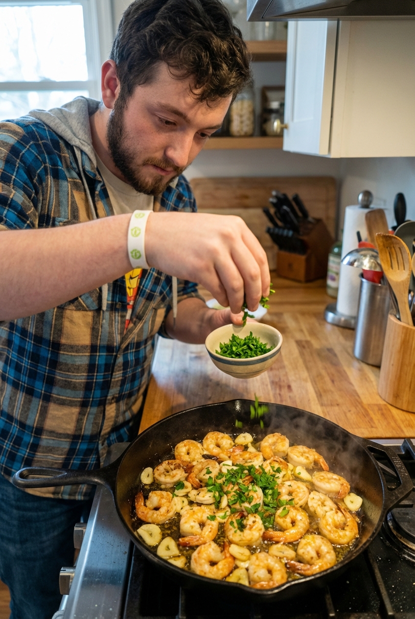 A real photograph of finished garlic shrimp in a skillet being sprinkled with chopped parsley