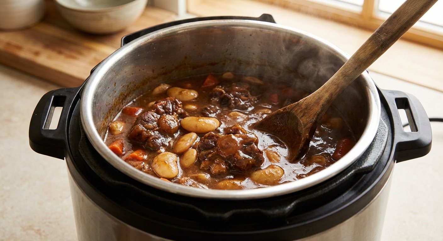 A real photograph of finished oxtail stew simmering in an Instant Pot insert with butter beans visible and a wooden spoon stirring the glossy gravy