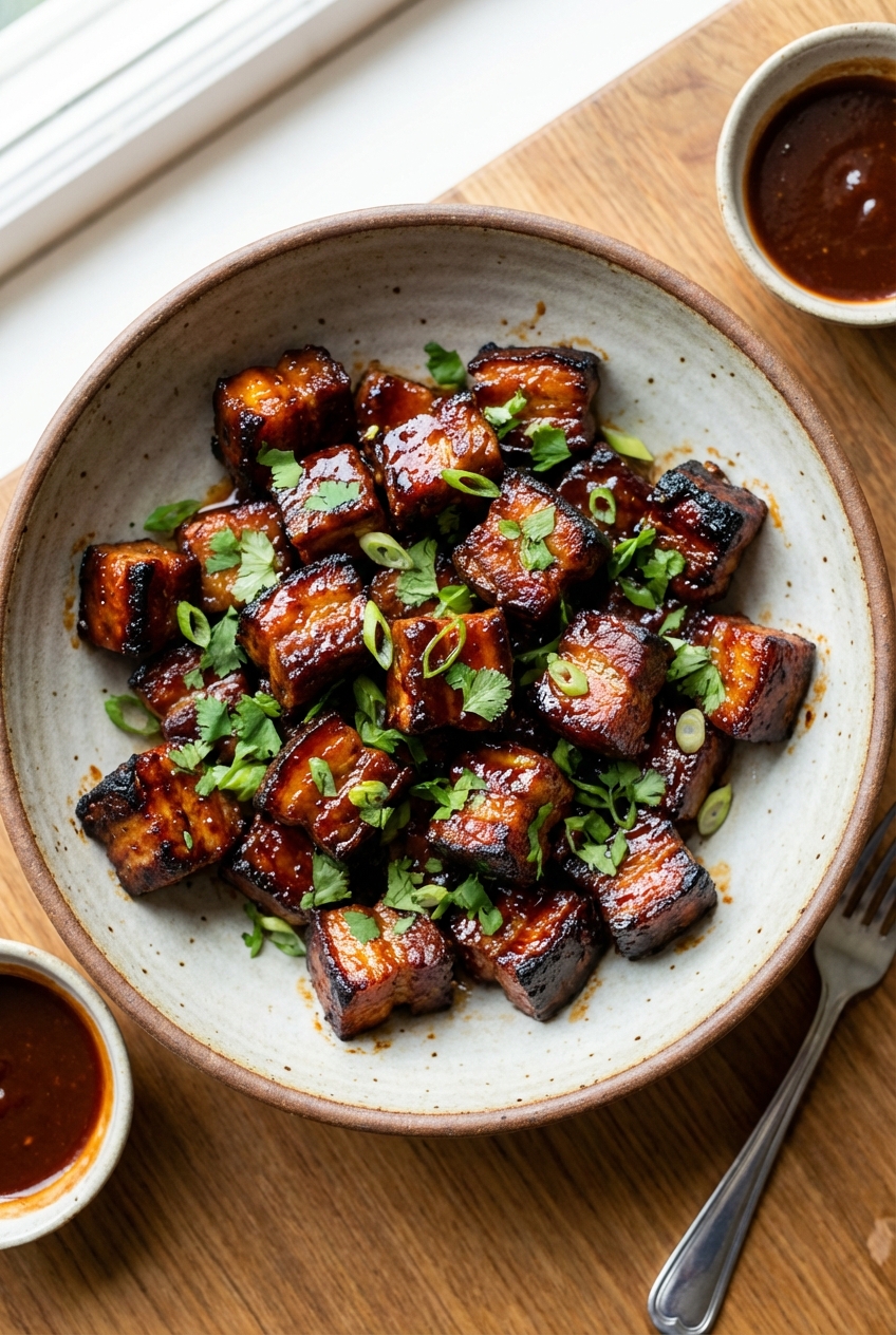A real photograph of finished pork belly burnt ends in a serving bowl topped with cilantro and sliced scallions