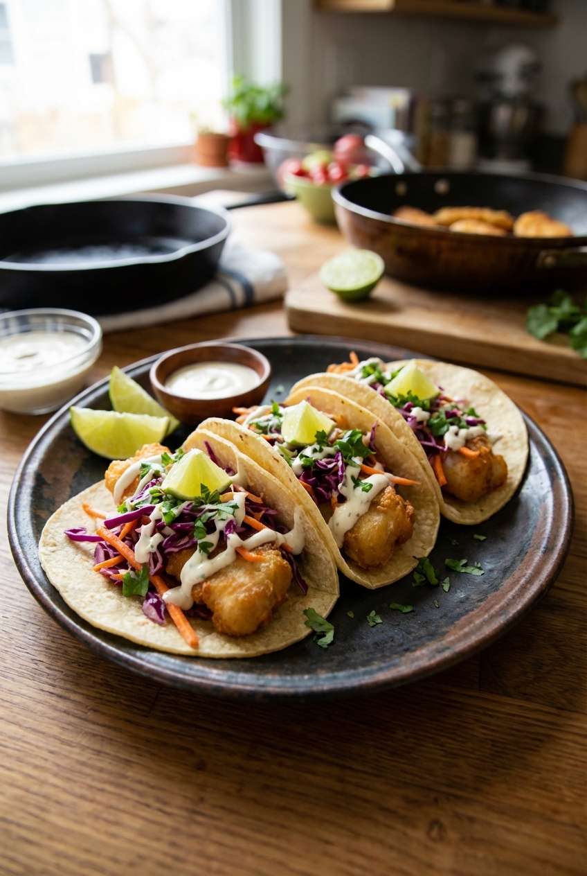 A real photograph of fish tacos topped with slaw on a dark plate