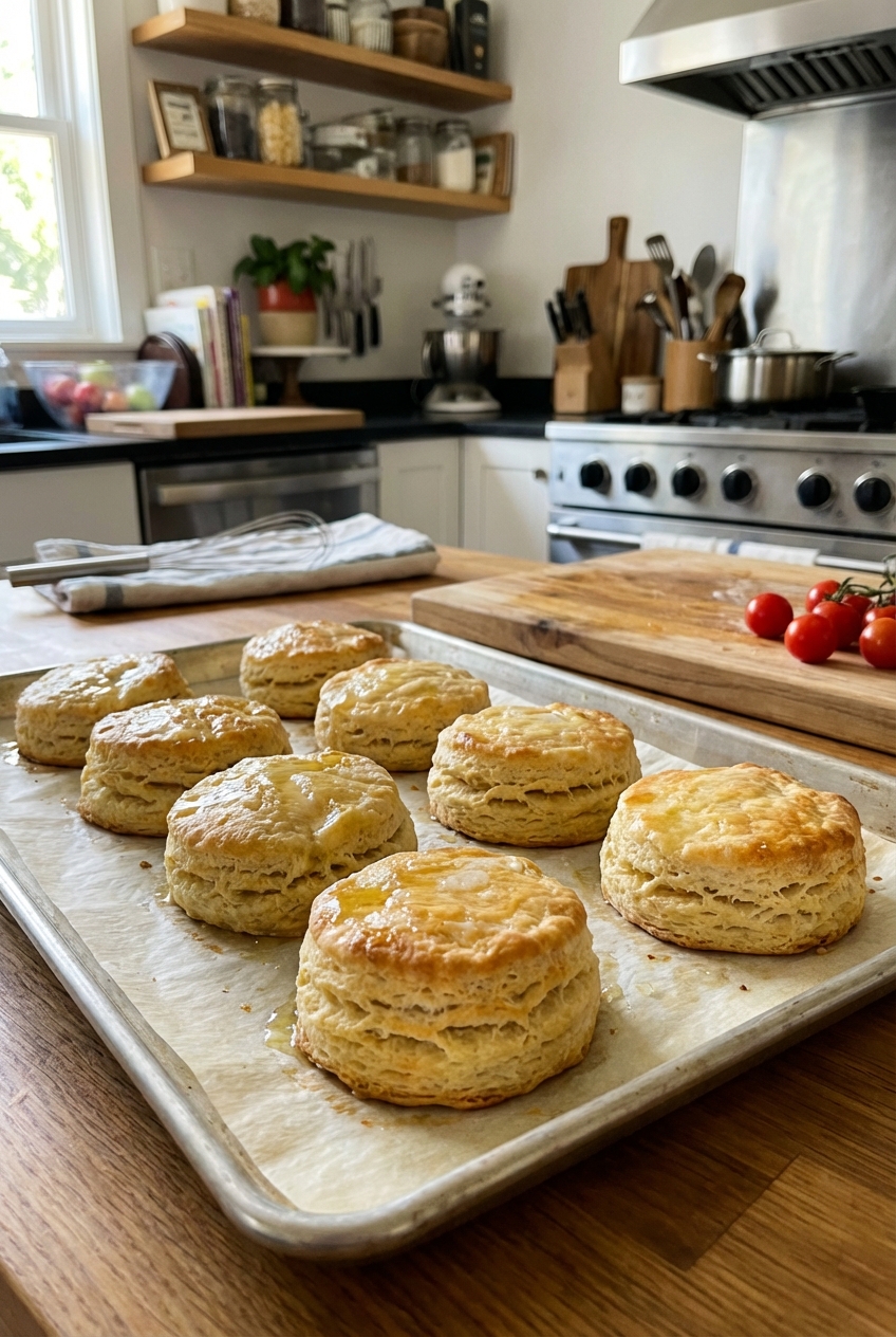 A real photograph of flaky buttermilk biscuits on a parchment lined baking sheet with melted butter brushed on top