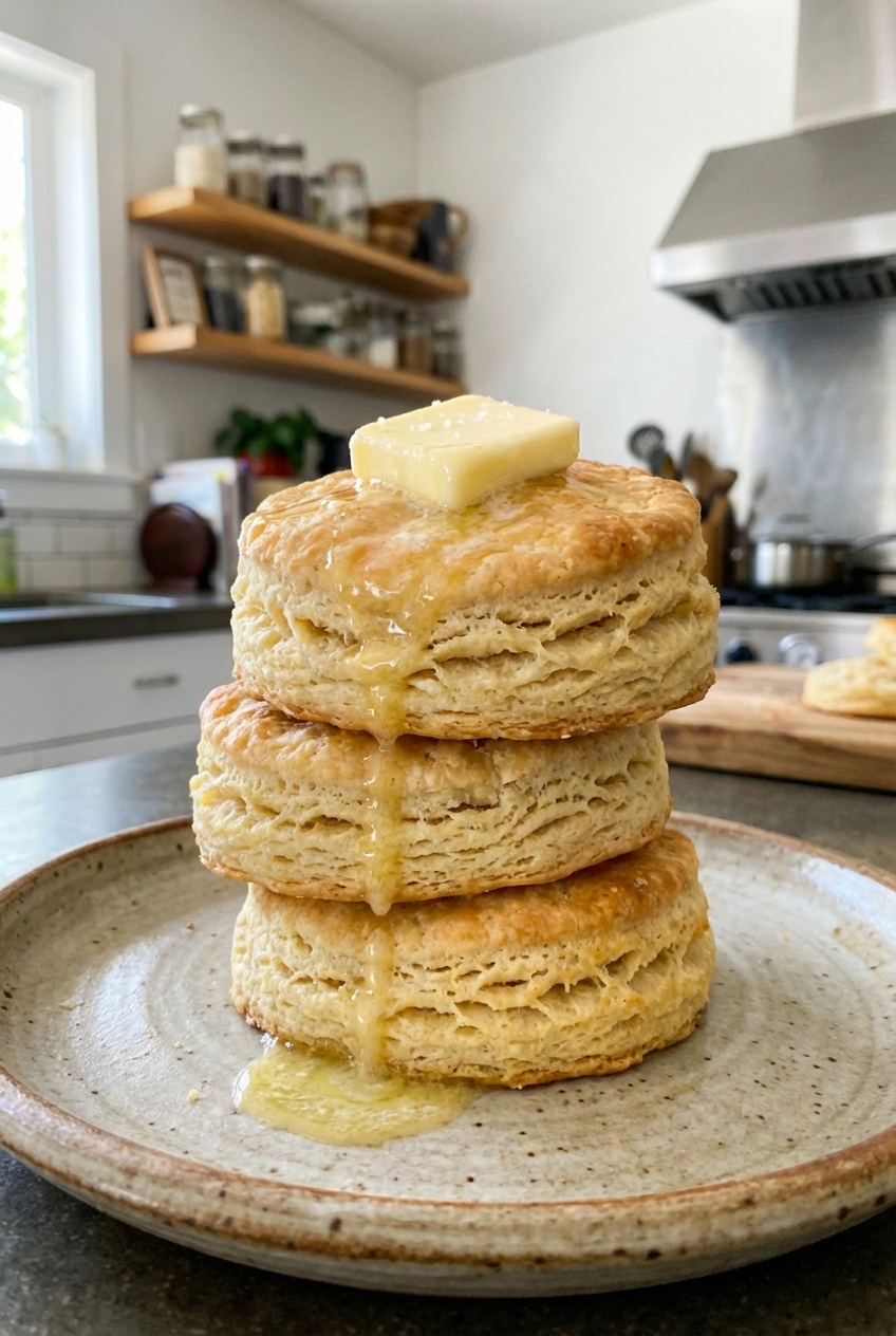 A real photograph of flaky golden biscuits stacked on a plate with a pat of butter melting