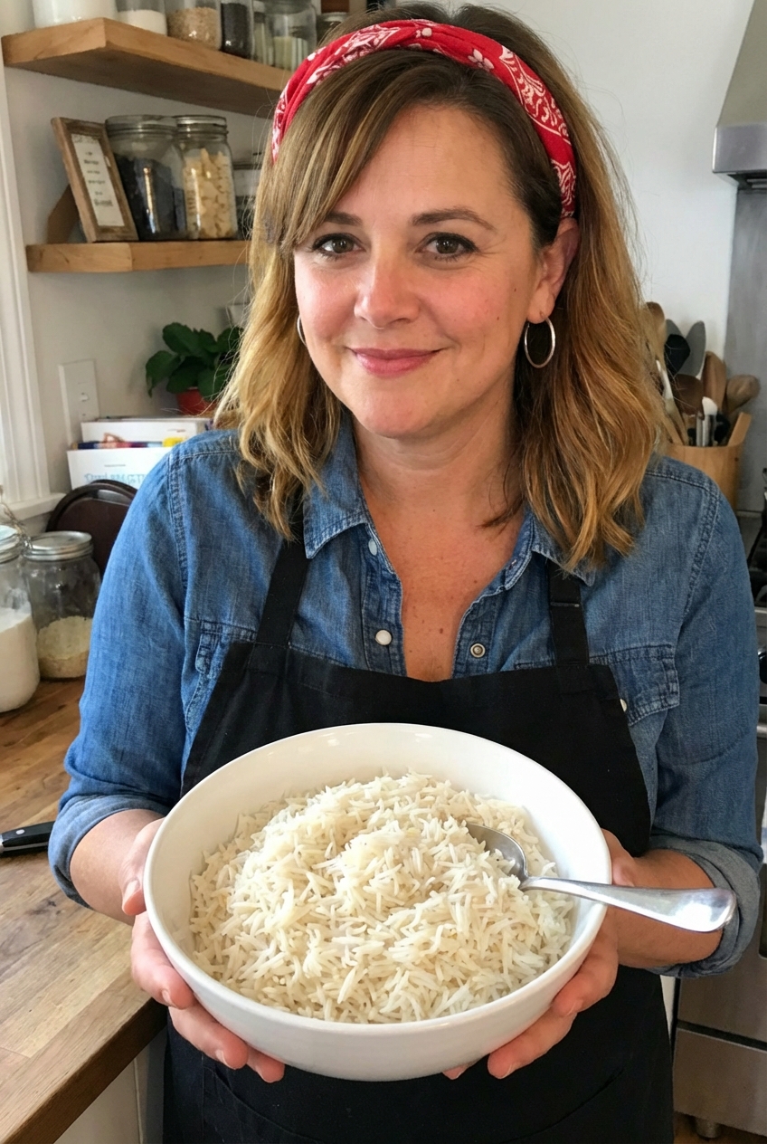 A real photograph of fluffy basmati rice in a white bowl with a spoon