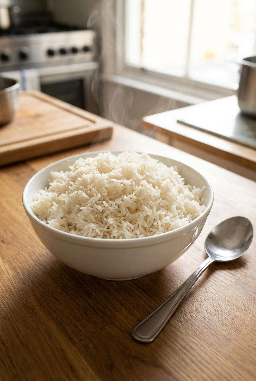 A real photograph of fluffy basmati rice in a white bowl with a spoon resting beside it