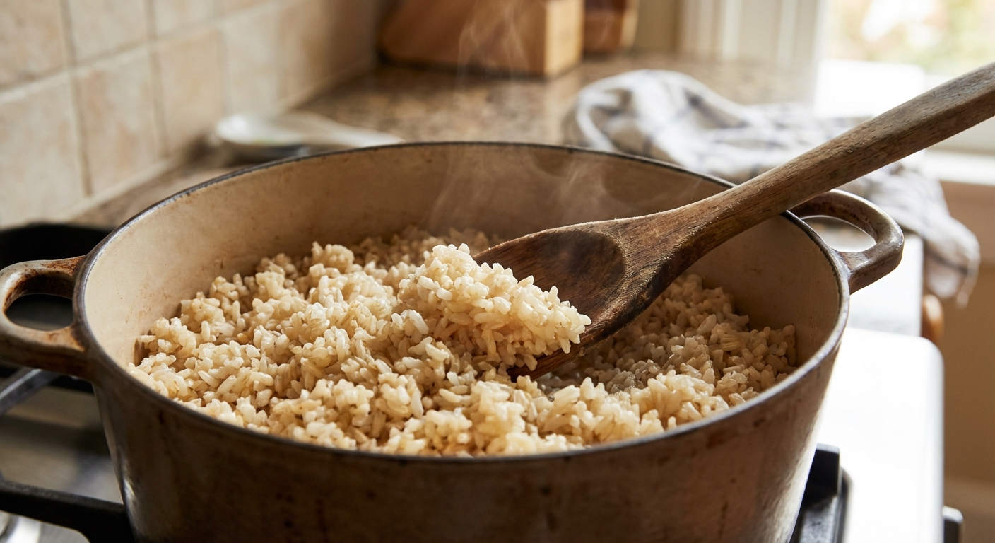 A real photograph of fluffy brown rice in a pot with a wooden spoon