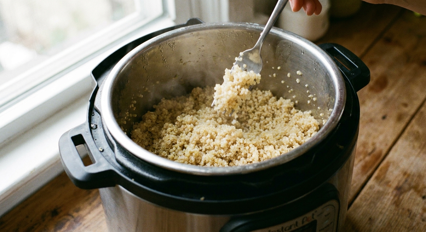A real photograph of fluffy cooked quinoa inside an Instant Pot inner pot with a fork fluffing the grains, natural kitchen lighting