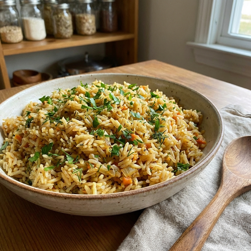 A real photograph of fluffy cooked rice pilaf with herbs in a serving dish