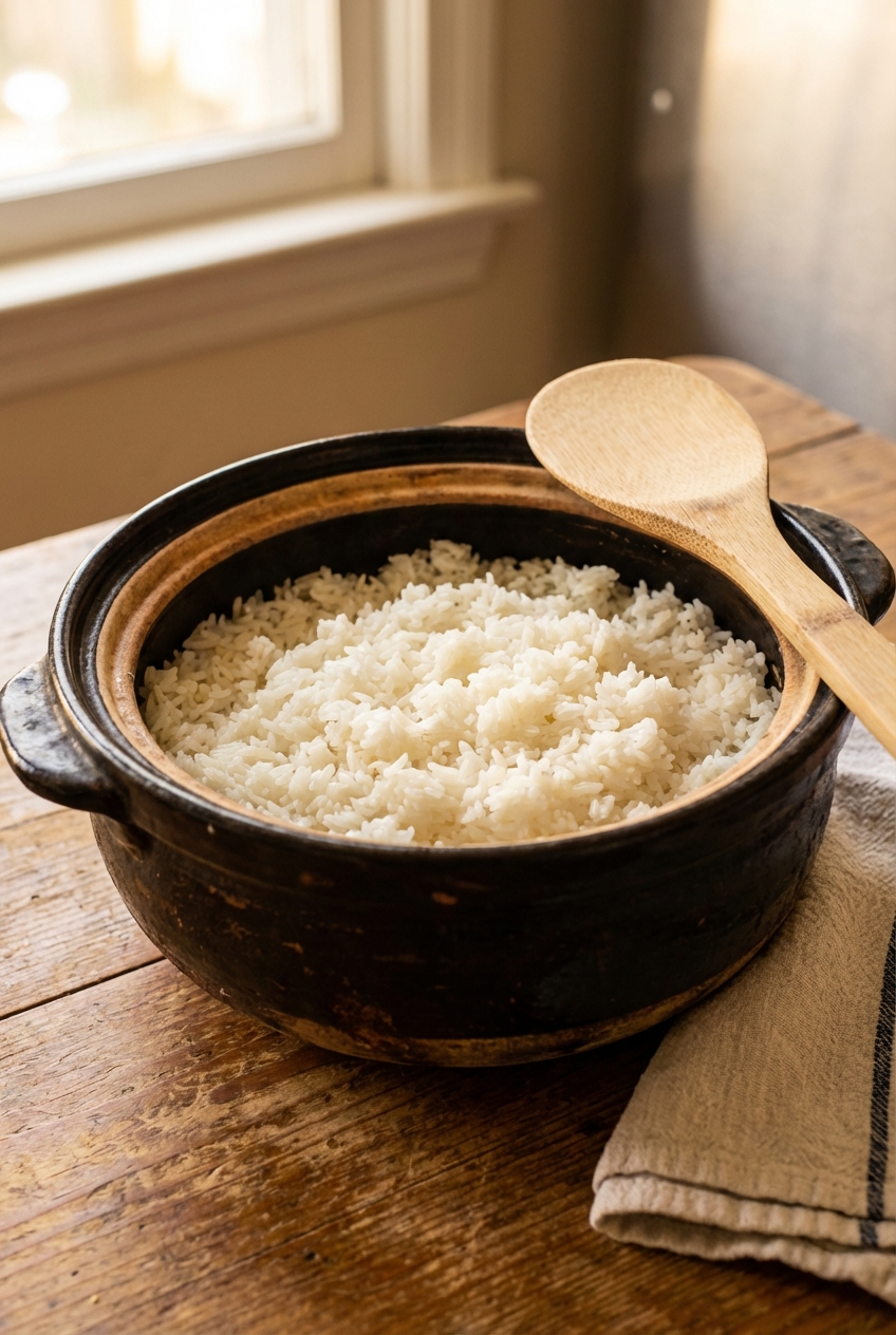 A real photograph of fluffy jasmine rice in a pot with a rice paddle resting on the side