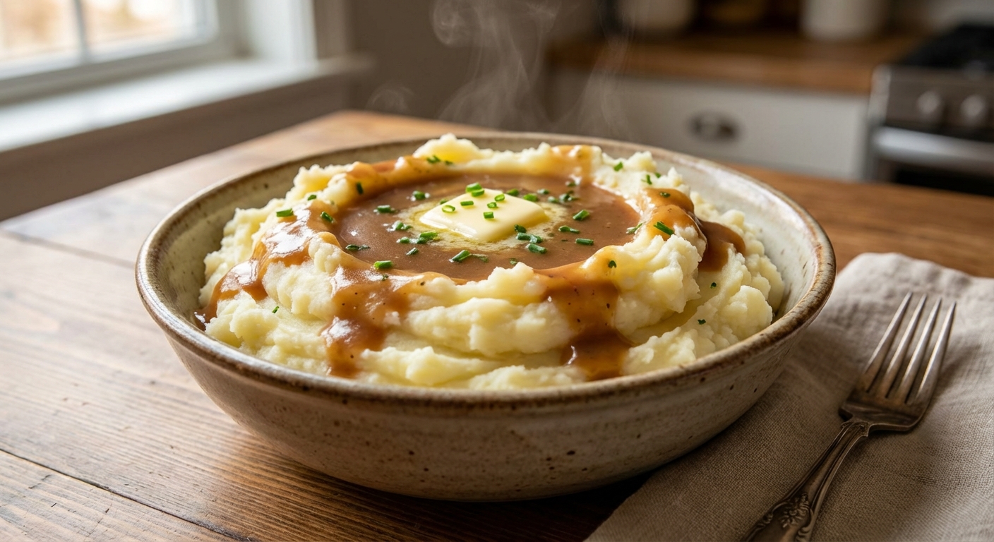 A real photograph of fluffy mashed potatoes with gravy in a bowl