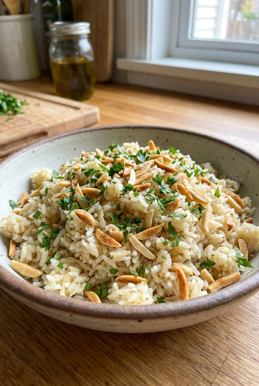 A real photograph of fluffy rice pilaf in a bowl with parsley and toasted almonds