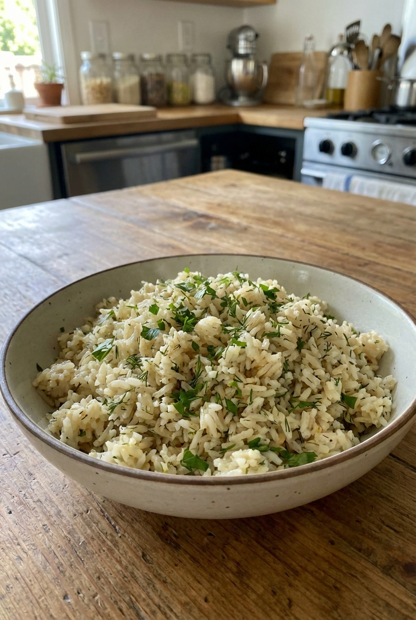 A real photograph of fluffy rice pilaf with herbs in a bowl